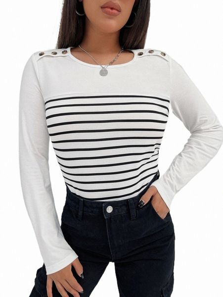 women's t-shirt buttoned shoulder striped tee x7wf#, White