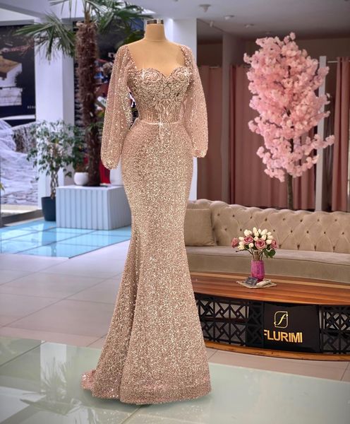 rose gold sequined mermaid prom dresses sequare neck long sleeve appliqued beading evening dress wear formal party gowns, Black
rose gold sequined mermaid prom dresses sequare neck long sleeve appliqued beading evening dress wear formal party gowns, Black