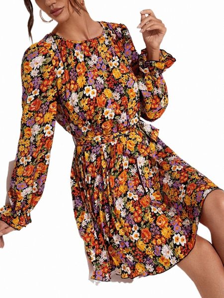 floral print flounce sleeve pleated hem belted dress h9em#, Black;gray
floral print flounce sleeve pleated hem belted dress h9em#, Black;gray