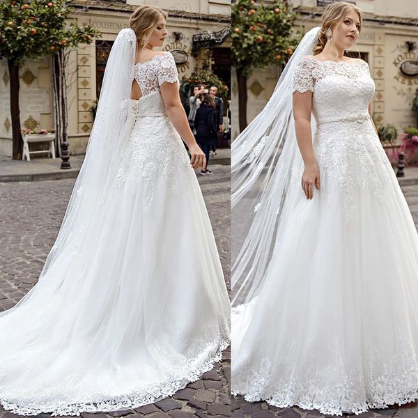 2022 modest lace appliques a-line wedding dress boat neckline short sleeve plus size bridal gowns, White
2022 modest lace appliques a-line wedding dress boat neckline short sleeve plus size bridal gowns, White