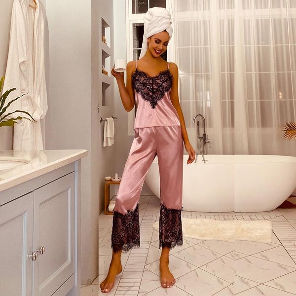 eyelash lace panel sleepwear satin pajamas set heart shape camisole with pants, Black;red
eyelash lace panel sleepwear satin pajamas set heart shape camisole with pants, Black;red