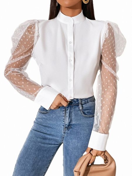 women's blouses & shirts sxy contrast dobby mesh gigot sleeve shirt 860k#, White
women's blouses & shirts sxy contrast dobby mesh gigot sleeve shirt 860k#, White