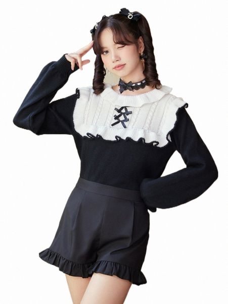 romwe kawaii colorblock ruffle hem bow decor sweater 0278#, White;black
romwe kawaii colorblock ruffle hem bow decor sweater 0278#, White;black