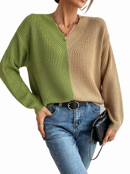 women's sweater v-neck colorblock casual home drop shoulder sweater e6wu#, White;black
women's sweater v-neck colorblock casual home drop shoulder sweater e6wu#, White;black