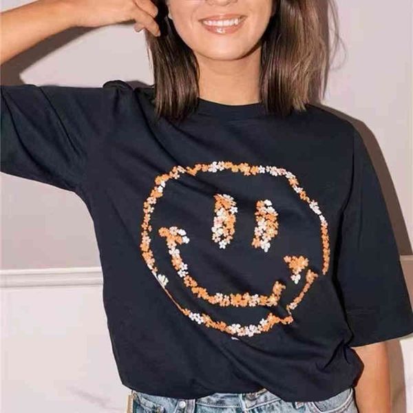 women's t shirt danish design early spring flower smiling face pattern printed round neck casual short sleeve t shirt, White
women's t shirt danish design early spring flower smiling face pattern printed round neck casual short sleeve t shirt, White