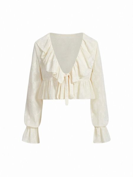 women's blouses & shirts mod solid ruffle trim tie front crop blouse t9nl#, White