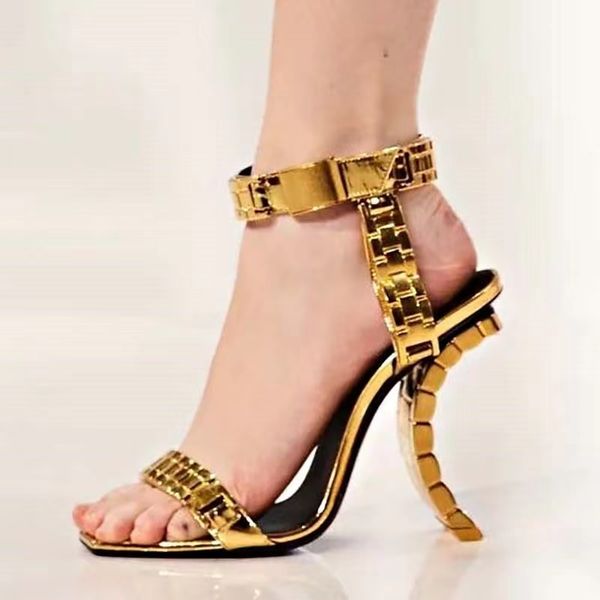 luxury shaped metal heel sandals shoes women's gold strap decoration fashion show nightclub banquet party shoe buckle designer 10cm hig, Black
luxury shaped metal heel sandals shoes women's gold strap decoration fashion show nightclub banquet party shoe buckle designer 10cm hig, Black