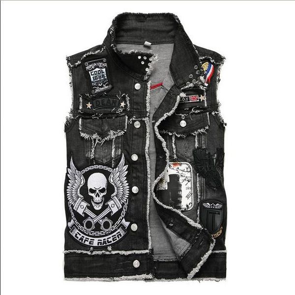 mens punk denim vests black skull embroidery denim waistcoat slim fit fashion jeans sleeveless jacket male vest, Black;white
mens punk denim vests black skull embroidery denim waistcoat slim fit fashion jeans sleeveless jacket male vest, Black;white