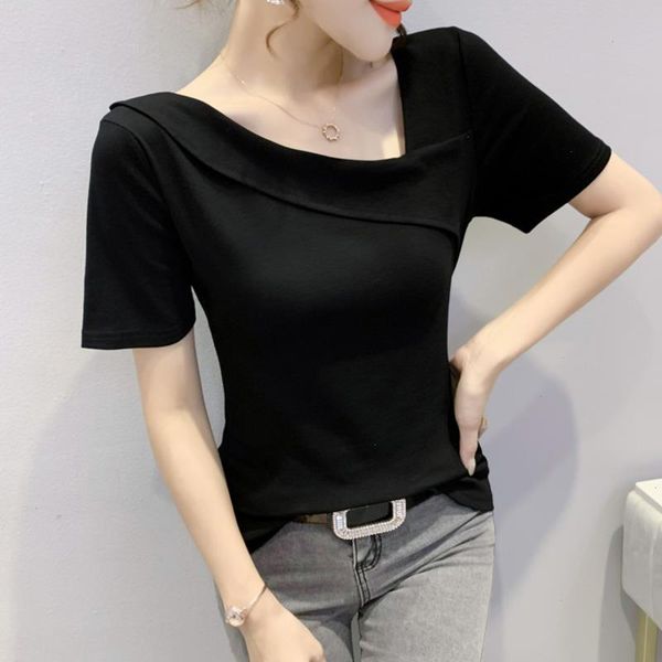 7469 black red womens tee t shirt skew collar casual slim basic femme cotton sexy, White
7469 black red womens tee t shirt skew collar casual slim basic femme cotton sexy, White