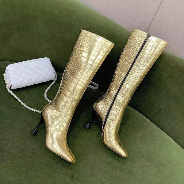 crocodile pattern stiletto shoes women's high tube boots side zipper patent leather shiny gold fashion boots square head knee designer, Black
crocodile pattern stiletto shoes women's high tube boots side zipper patent leather shiny gold fashion boots square head knee designer, Black
