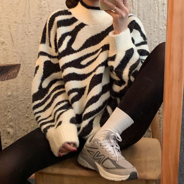 women's sweaters autumn winter korean zebra print loose lazy wind pullover warm long sleeve bottomed sweater 220827, White;black
women's sweaters autumn winter korean zebra print loose lazy wind pullover warm long sleeve bottomed sweater 220827, White;black