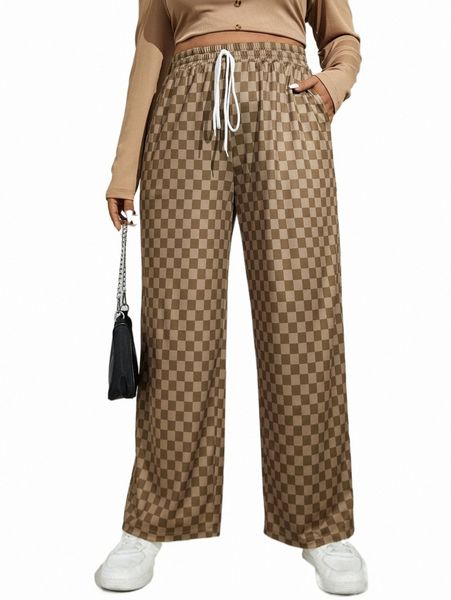 plus size pants plus checker print drawstring waist wide leg pants f0tp#, Black