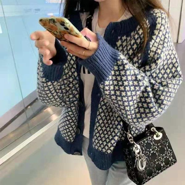 women's knits women sweater retro long sleeve single korean comfortable breasted plaid loose casual knit cardigan coats, White
women's knits women sweater retro long sleeve single korean comfortable breasted plaid loose casual knit cardigan coats, White