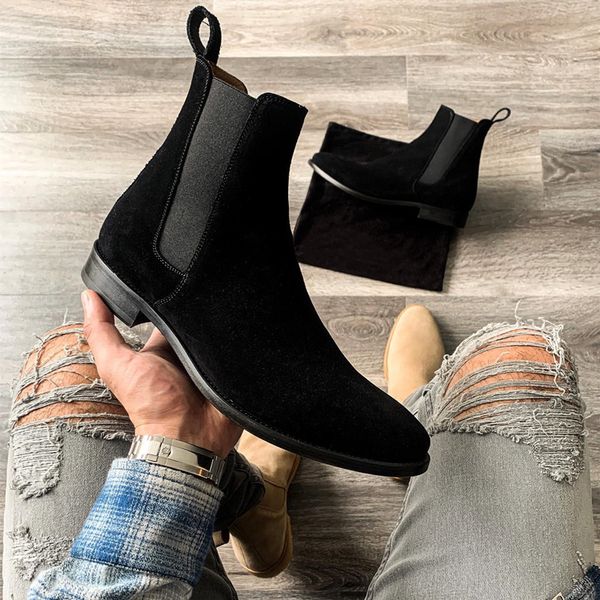 Men Chelsea Boots Black Flock Business Handmade Men Shoes Ankle Slip on Comfortable, Clear