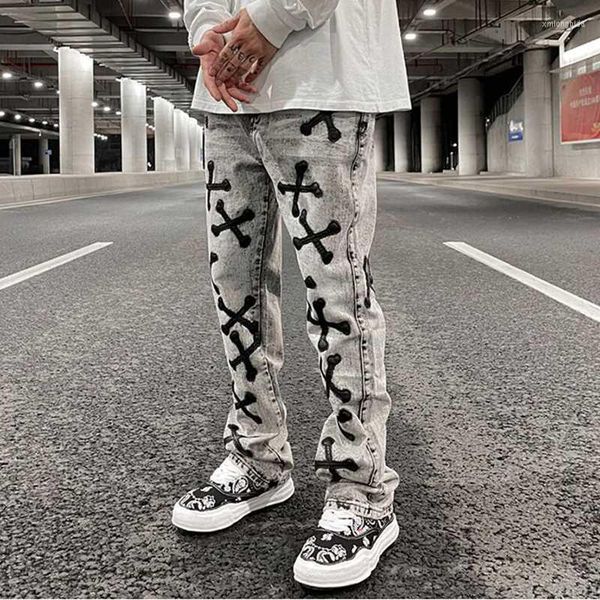 men's jeans hip hop retro washed gray pu leather bone embroidery casual denim trousers men straight oversize streetwear loose pants, Blue
men's jeans hip hop retro washed gray pu leather bone embroidery casual denim trousers men straight oversize streetwear loose pants, Blue