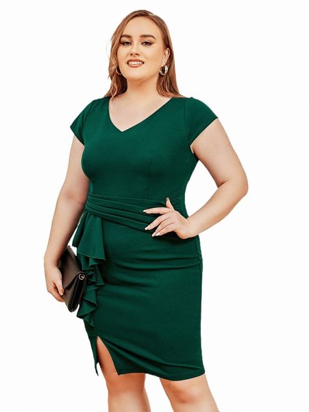 plus size dresses curvysweet plus solid ruffle trim dress 44hv#, Black