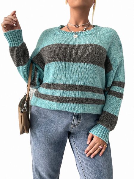 plus size t-shirt plus two tone drop shoulder sweater 56cv#, Black