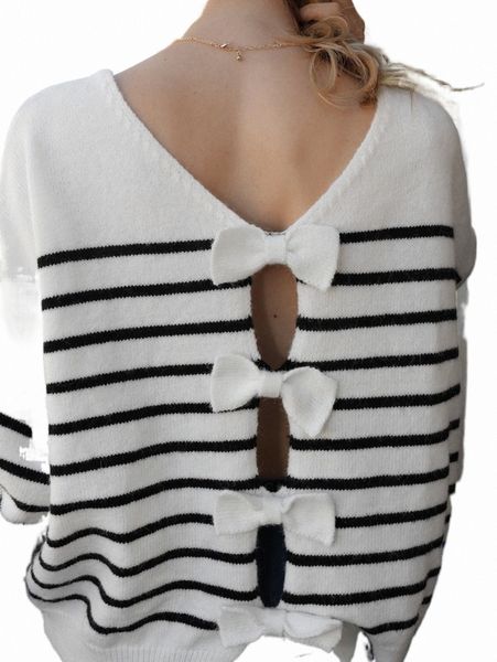 women's sweaters frenchy striped bow back cut out drop shoulder sweater x89m#, White;black
women's sweaters frenchy striped bow back cut out drop shoulder sweater x89m#, White;black
