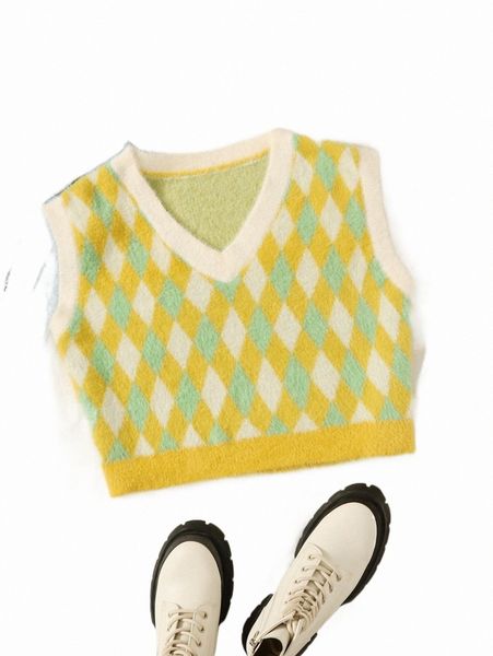 women's sweaters 1pc argyle pattern fuzzy sweater vest b6bm#, White;black