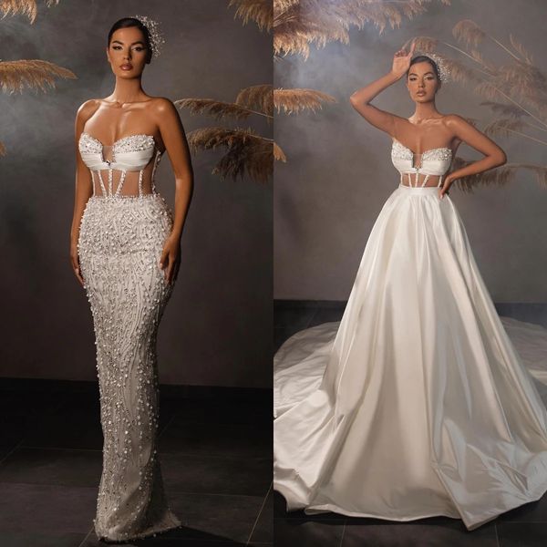 unique mermaid wedding dresses sweetheart exposed boning bridal gown custom made crystal beading with overskirt women wedding gowns, White
unique mermaid wedding dresses sweetheart exposed boning bridal gown custom made crystal beading with overskirt women wedding gowns, White