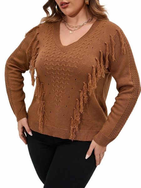 plus size t-shirt plus fringe trim eyelet detail cable knit sweater 38mk#, Black 
plus size t-shirt plus fringe trim eyelet detail cable knit sweater 38mk#, Black