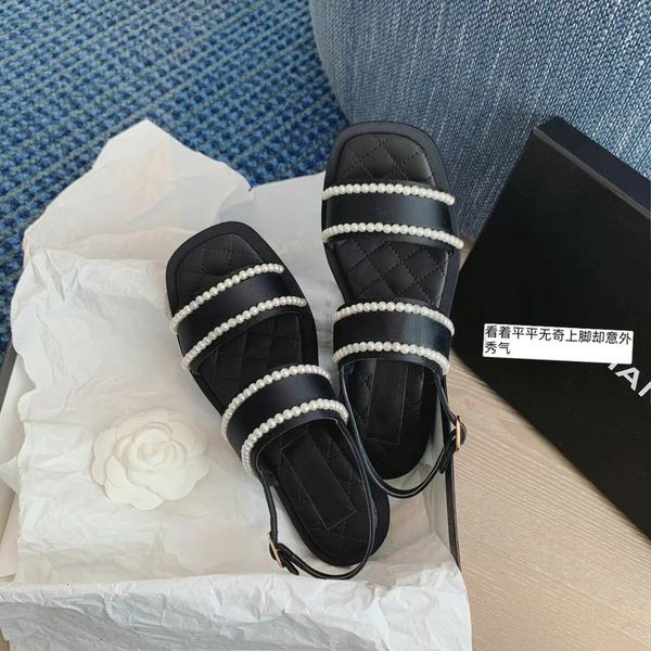 sandals designer sheepskin spring and summer french pearl back trip belt buckle open toe thick flat women's roman sandals, Black
sandals designer sheepskin spring and summer french pearl back trip belt buckle open toe thick flat women's roman sandals, Black