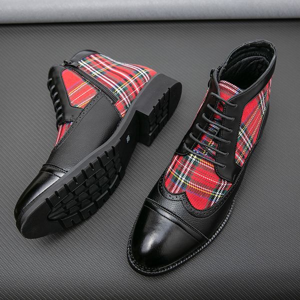 

Men British Ankle Boots Retro PU Stitching Plaid Brock Lace Up Fashion Casual Street Party Everyday All-match Men Shoes AD001, Clear