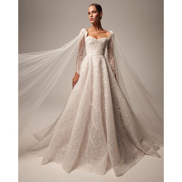 wedding dress a-line classic lace long sleeves bateau backless sweetheart appliques sequins beads plus size sparklling ruffles bridal gowns, White
wedding dress a-line classic lace long sleeves bateau backless sweetheart appliques sequins beads plus size sparklling ruffles bridal gowns, White