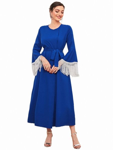 casual dresses fringe trim flounce sleeve belted abaya w0yn#, Black;gray 
casual dresses fringe trim flounce sleeve belted abaya w0yn#, Black;gray