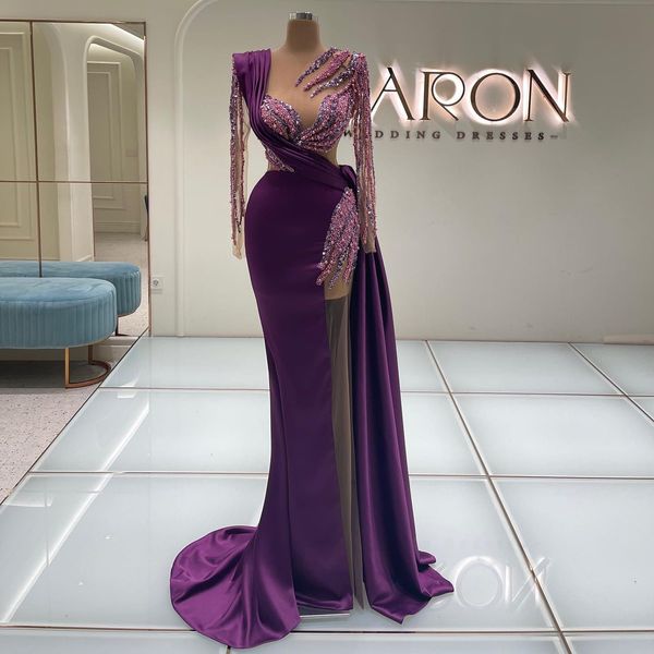 elegant purple mermaid prom dresses long sleeve beaded sequined side split evening dress wear satin formal party gowns, Black
elegant purple mermaid prom dresses long sleeve beaded sequined side split evening dress wear satin formal party gowns, Black