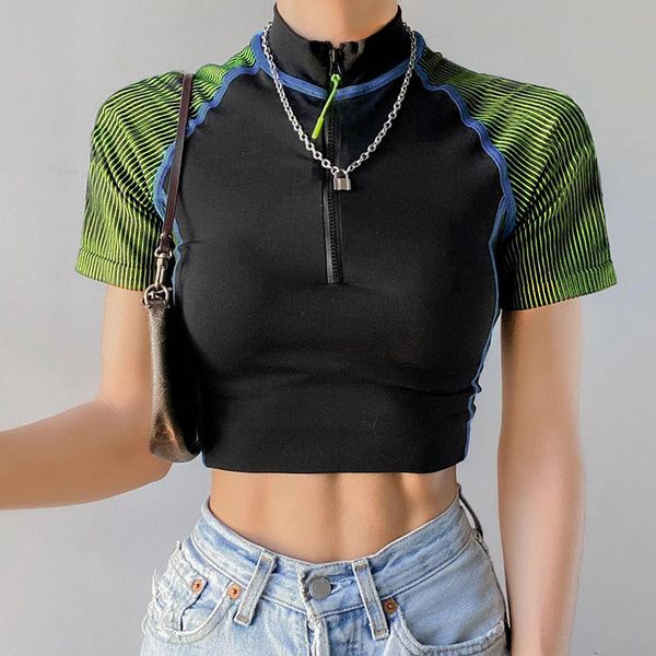 women's t-shirt tees sleeves with shoulder stripes reverse zipper trim midriff clash pullover top, White
women's t-shirt tees sleeves with shoulder stripes reverse zipper trim midriff clash pullover top, White