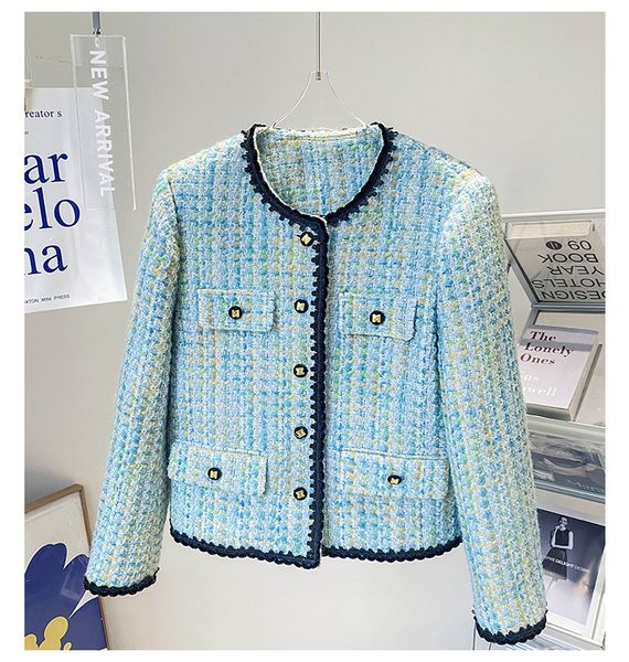 2022 autumn round neck tweed panelled jacket blue contrast color long sleeve single-breasted contrast trim woolen jackets coat short outwear, Black;brown
2022 autumn round neck tweed panelled jacket blue contrast color long sleeve single-breasted contrast trim woolen jackets coat short outwear, Black;brown