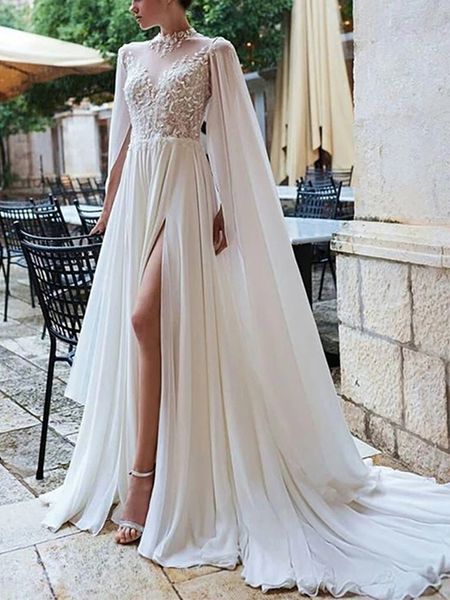 a-line wedding dresses gowns elegant long sleeves high-neck bride applique shawl with chiffon train, White
a-line wedding dresses gowns elegant long sleeves high-neck bride applique shawl with chiffon train, White