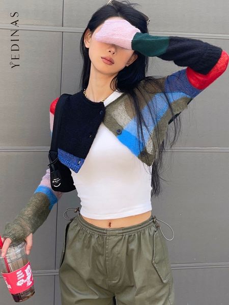 women s knits tees yedinas streetwear patchwork crop cardigan long sleeve knitted smock cropped sweater y2k korean style kardigan 220829, White
women s knits tees yedinas streetwear patchwork crop cardigan long sleeve knitted smock cropped sweater y2k korean style kardigan 220829, White