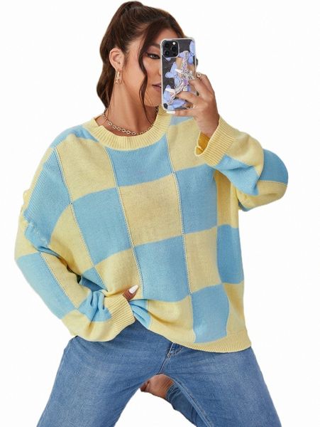 plus size t-shirt plus checkered pattern drop shoulder sweater e1x5#, Black