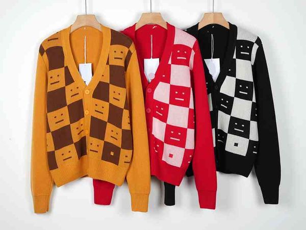 women's knits tees autumn and winter personalized design ac smiling face chessboard color matching round neck knitted cardigan coat, White
women's knits tees autumn and winter personalized design ac smiling face chessboard color matching round neck knitted cardigan coat, White