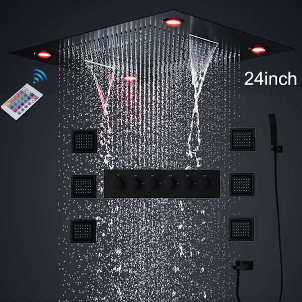 

2022 Luxury LED Shower Set Bathroom 24Inch Large Waterfall Rain ShowerHead Faucets Thermostatic Valve Mixer Bath Black Tap