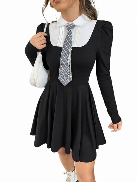 casual dresses 2 in 1 contrast collar puff sleeve dress without tie y0fl#, Black;gray
casual dresses 2 in 1 contrast collar puff sleeve dress without tie y0fl#, Black;gray