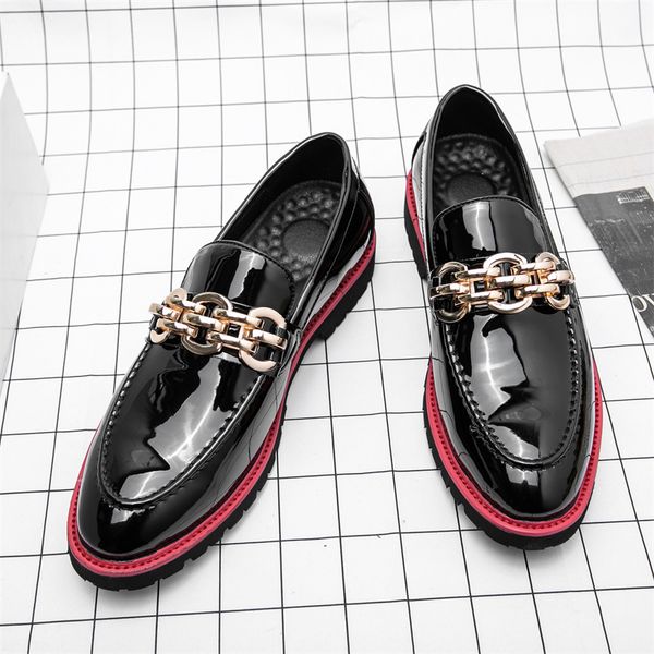 

Elegant Loafers Men Shoes Black Patent Leather PU Metal Buckle Slip-On Fashion Business Casual AD004, Clear