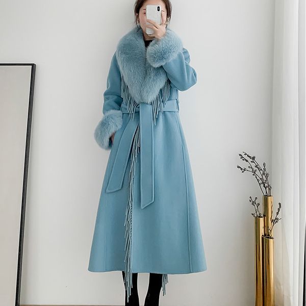 womens wool blends fashionable tassel patchwork cashmere blend long coat for women winte warm genuine fur collar and cuff belted outerwear 2, Black
womens wool blends fashionable tassel patchwork cashmere blend long coat for women winte warm genuine fur collar and cuff belted outerwear 2, Black