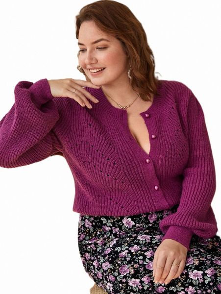 plus size t-shirt plus bishop sleeve eyelet detail cardigan 32b5#, Black