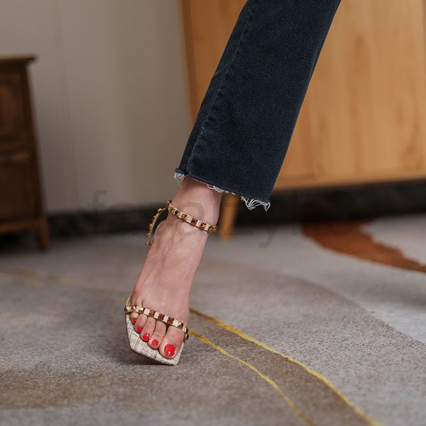 sandals designer square head rivet one line sandals women's summer fashion open toe high-heeled roman shoes, Black
sandals designer square head rivet one line sandals women's summer fashion open toe high-heeled roman shoes, Black