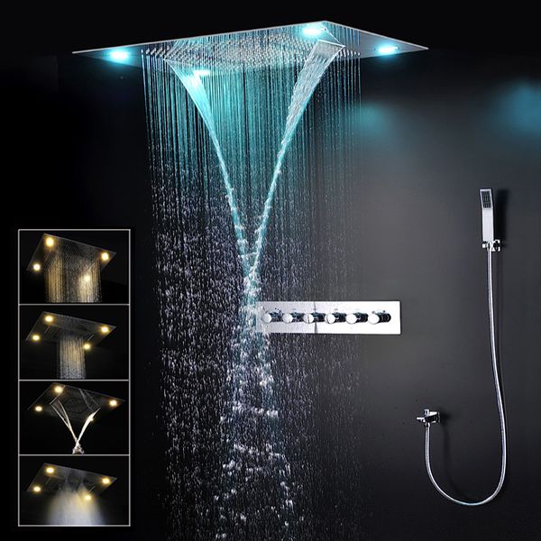 

2022 Luxury LED Shower Set Large Bathroom 4 Functions Ceiling Showerhead Thermostatic Mixer Faucets 24Inch Bath Waterfall Rain System Tap