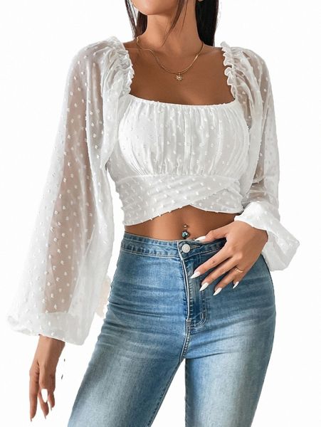 women's blouses & shirts swiss dot frill trim tie back crop chiffon blouse e7rt#, White 
women's blouses & shirts swiss dot frill trim tie back crop chiffon blouse e7rt#, White