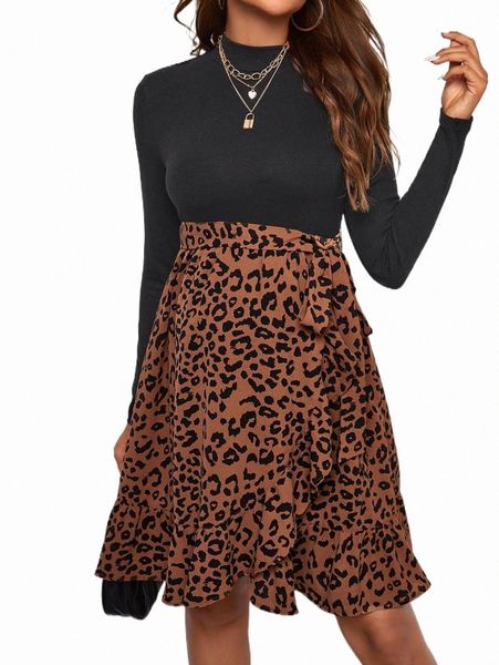 plus size dresses maternity leopard print ruffle hem belted dress c7ia#, Black