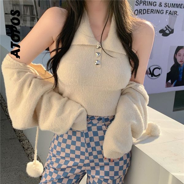 women's sweaters as korean women halter knitted vest crop cover up cardigans pullover two piece sets y2k streetwear female 220827, White;black
women's sweaters as korean women halter knitted vest crop cover up cardigans pullover two piece sets y2k streetwear female 220827, White;black