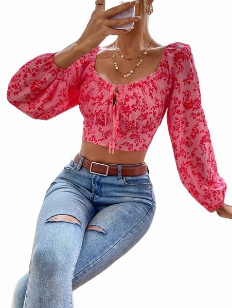 women's blouses & shirts plants print knot front lantern sleeve crop blouse 68yz#, White
women's blouses & shirts plants print knot front lantern sleeve crop blouse 68yz#, White