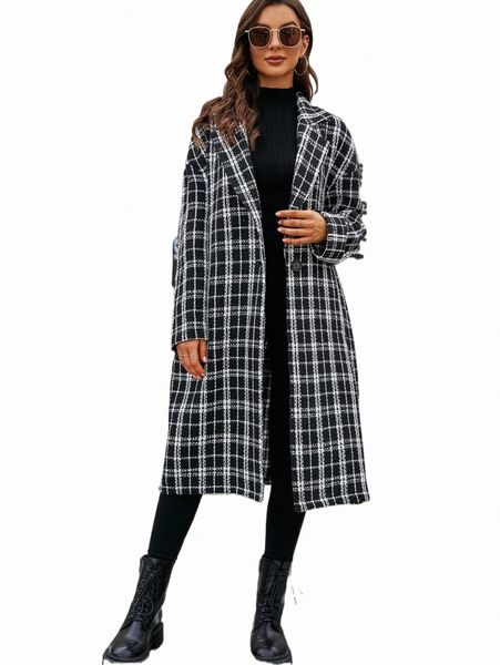 women's down & parkas plaid tweed drop shoulder overcoat r45g#, Black