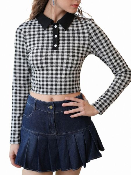 women's t-shirt mod gingham half button crop tee h99s#, White
women's t-shirt mod gingham half button crop tee h99s#, White