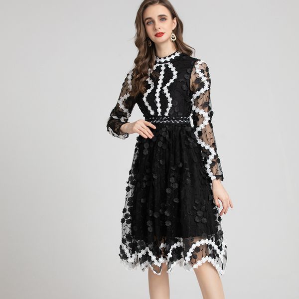 women's runway dress o neck long sleeves appliques piping elegant fashion designer prom gown, Black
women's runway dress o neck long sleeves appliques piping elegant fashion designer prom gown, Black